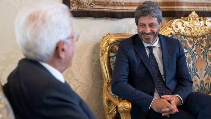 Italy’s president Sergio Mattarella (left) yesterday started meeting political leaders in a bid to establish whether there is enough of a commong ground among any of the main parties to form a technical government. Here he is seem meeting the Speaker of the House Roberto Fico