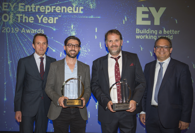 Below (from left): Harald Roesch, CEO at Melita, David Darmanin from Hotjar, Ben Remfrey from Praedium Consulting and Ron Attard, Managing Partner at EY Malta during the presentation of the Entrepreneur of the Year Awards